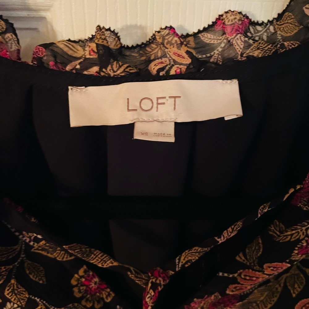 LOFT Black Floral Long-Sleeve Blouse with Pink and Tan Accents - Picture 2 of 3